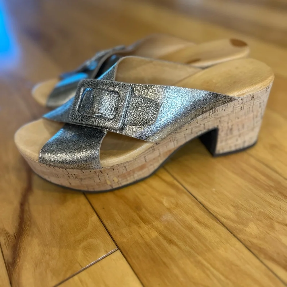 Chocolat Blu Y2K Metallic Pewter Cork Wedge Sandals Chunky Buckle Platform Slide